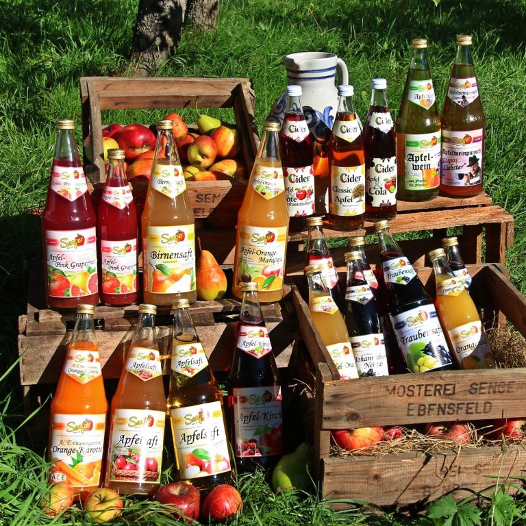 0,5L Flaschen mit Säften stehen auf einem Holzregal neben einem Apfelbaum