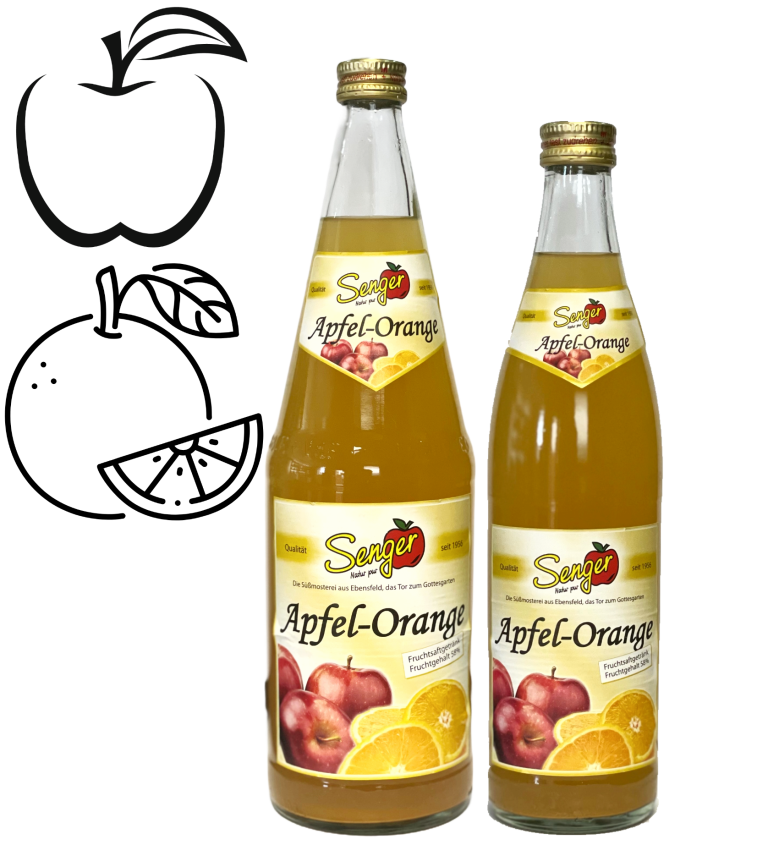 Apfel-Orange Zwei Flaschen Apfel-Orangen-Saft, eine 1,0L Flasche und eine 0,5L Flasche.