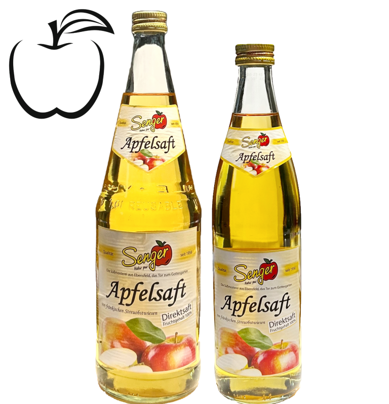 Apfelsaft klar Zwei Flaschen Apfelsaft klar mit Apfel-Logo, eine 1,0L Flasche und eine 0,5L Flasche.