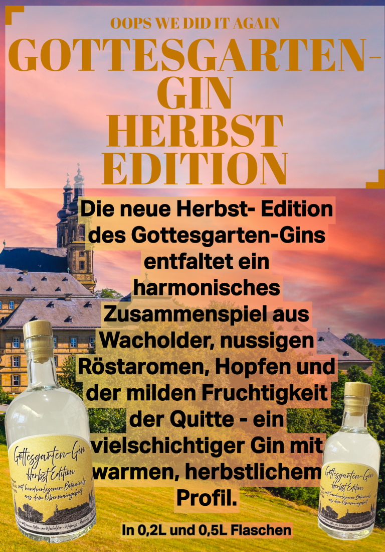 Neuste Kreation: Gottesgarten Gin Zwei Glasflaschen mit klarer Flüssigkeit, beschriftet mit „Gottesgarten Gin“.