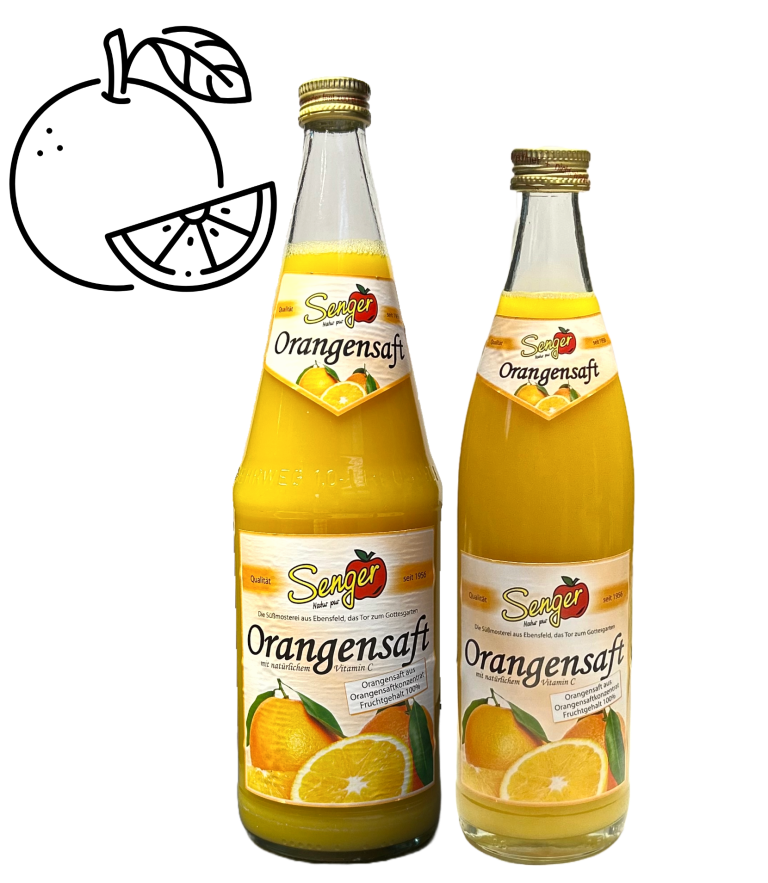Orangensaft Zwei Flaschen Orangensaft eine 1,0L Flasche und eine 0,5L Flasche.
