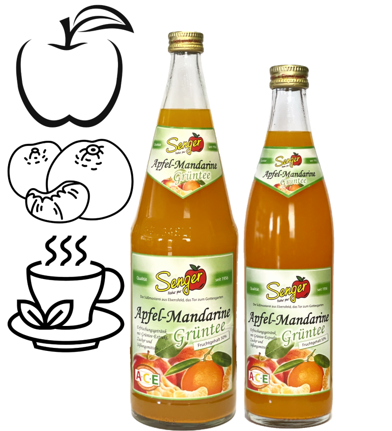 Apfel-Mandarine-Grüntee Zwei Flaschen Apfel-Mandarine-Grüntee-Saft, eine 1,0L Flasche und eine 0,5L Flasche.